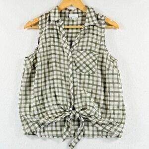 J. Jill Sleeveless Tie Front Top Womens Small Green Plaid Gingham Farmcore Silk